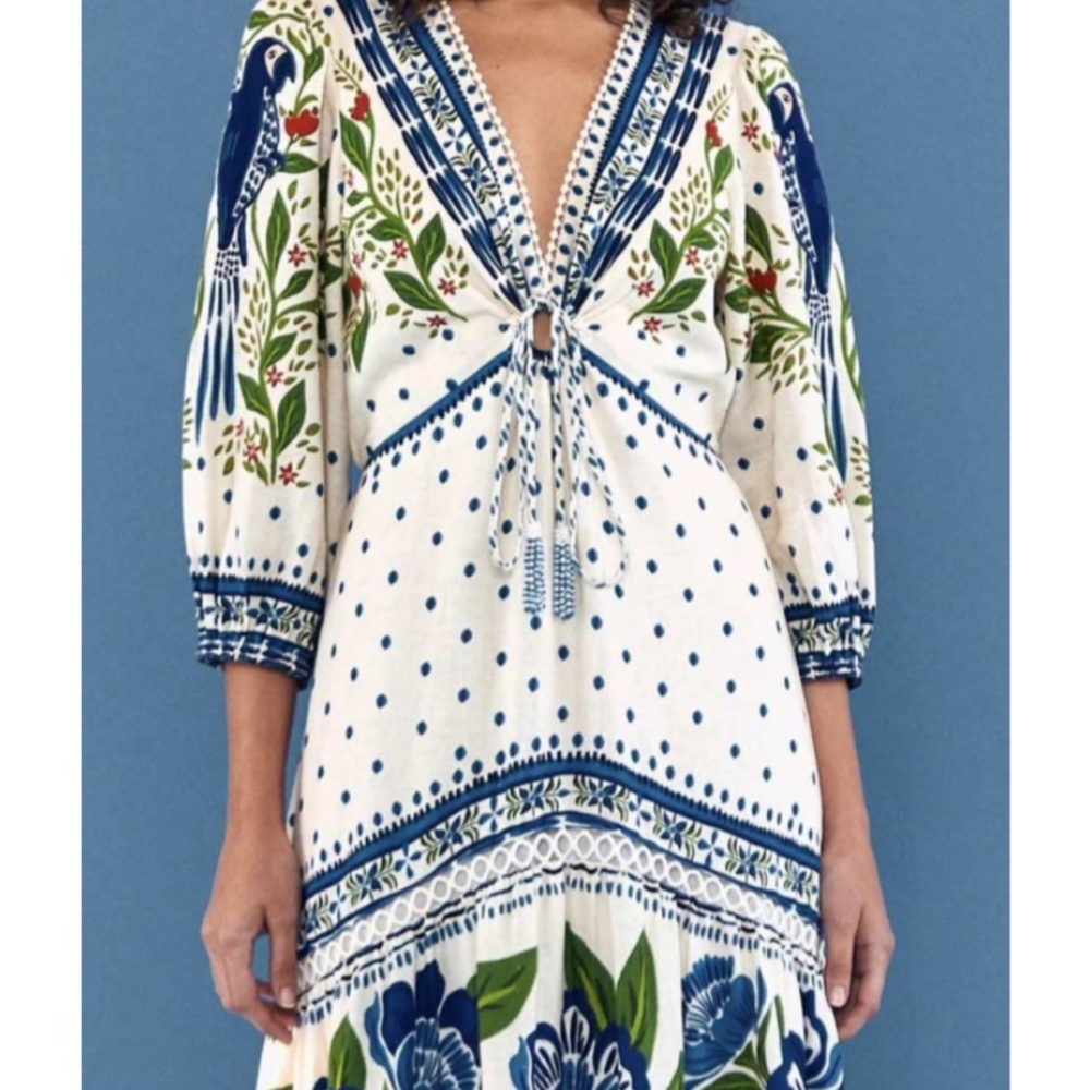 Farm Rio White Macaw Tiered Maxi Dress